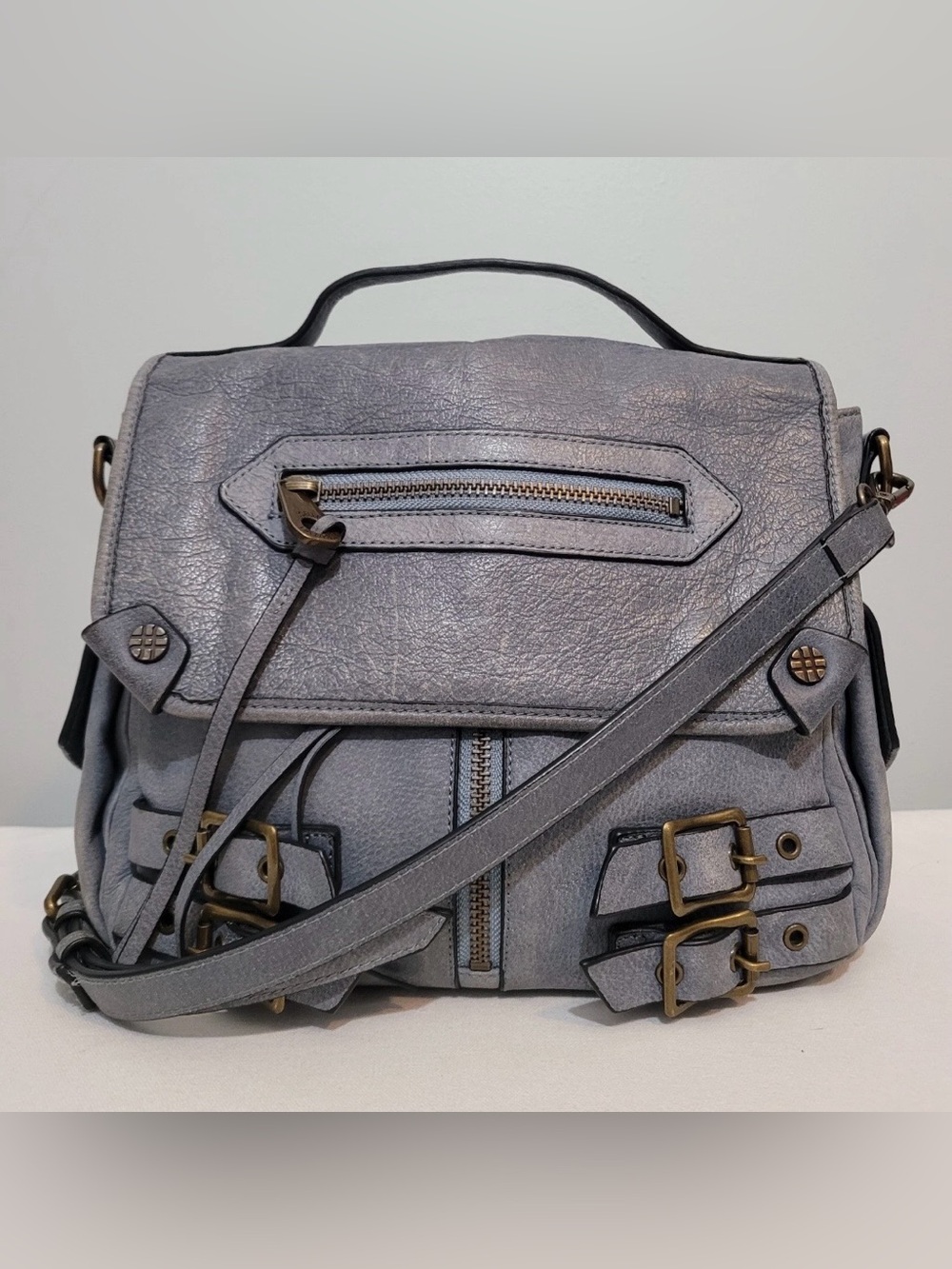 Joelle Hawkens Moto Blue Slate Leather Satchel Crossbody Bag